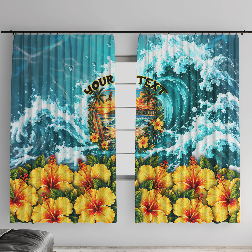 Personalized Hawaii 60th Birthday Eagle Window Curtain Tropical Sunset Beach Hibiscus Ocean Wave