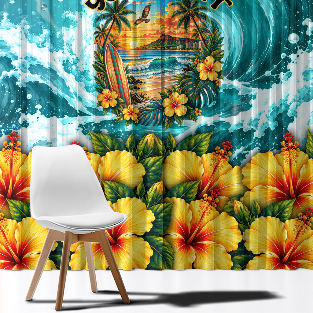 Personalized Hawaii 60th Birthday Eagle Window Curtain Tropical Sunset Beach Hibiscus Ocean Wave