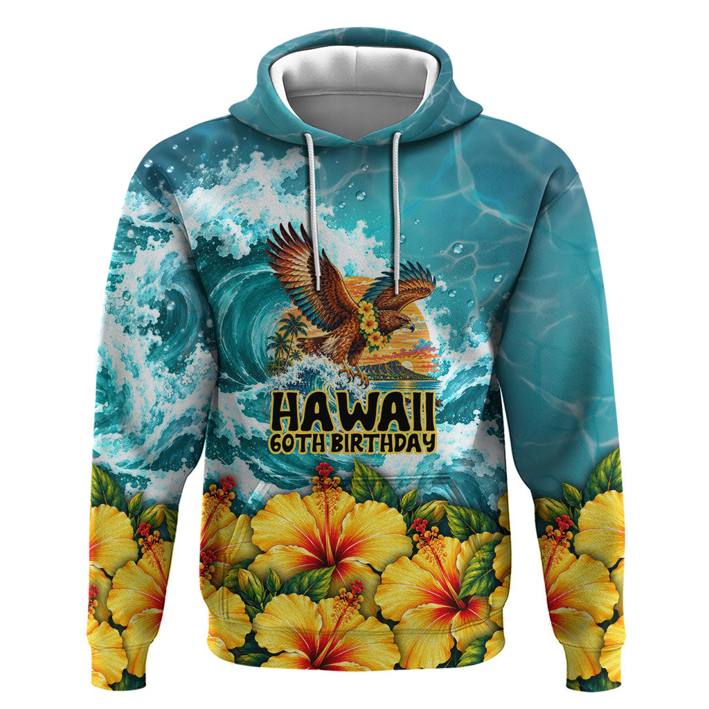 Personalized Hawaii 60th Birthday Eagle Zip Hoodie Tropical Sunset Beach Hibiscus Ocean Wave TS04 Pullover Hoodie Blue Yellow - Polynesian Pride