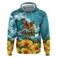 Personalized Hawaii 60th Birthday Eagle Zip Hoodie Tropical Sunset Beach Hibiscus Ocean Wave TS04 Pullover Hoodie Blue Yellow - Polynesian Pride