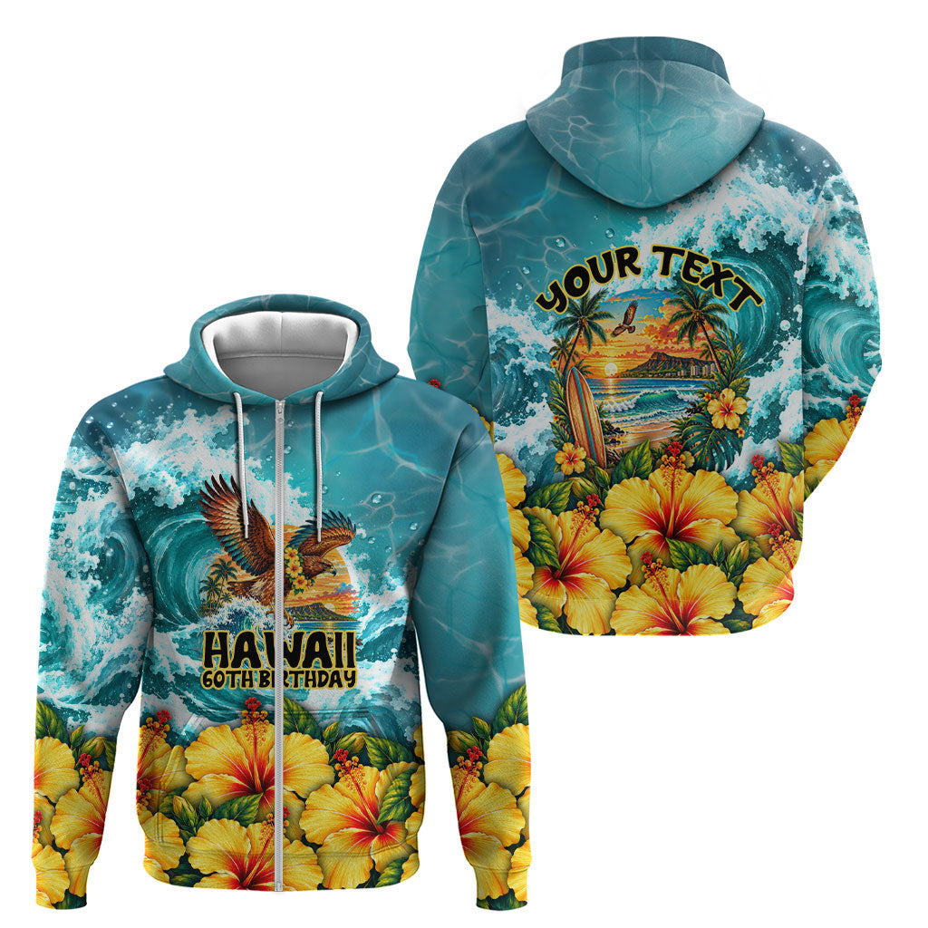 Personalized Hawaii 60th Birthday Eagle Zip Hoodie Tropical Sunset Beach Hibiscus Ocean Wave TS04 - Polynesian Pride