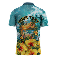 Personalized Hawaii 60th Birthday Eagle Zipper Polo Shirt Tropical Sunset Beach Hibiscus Ocean Wave