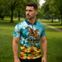 Personalized Hawaii 60th Birthday Eagle Zipper Polo Shirt Tropical Sunset Beach Hibiscus Ocean Wave