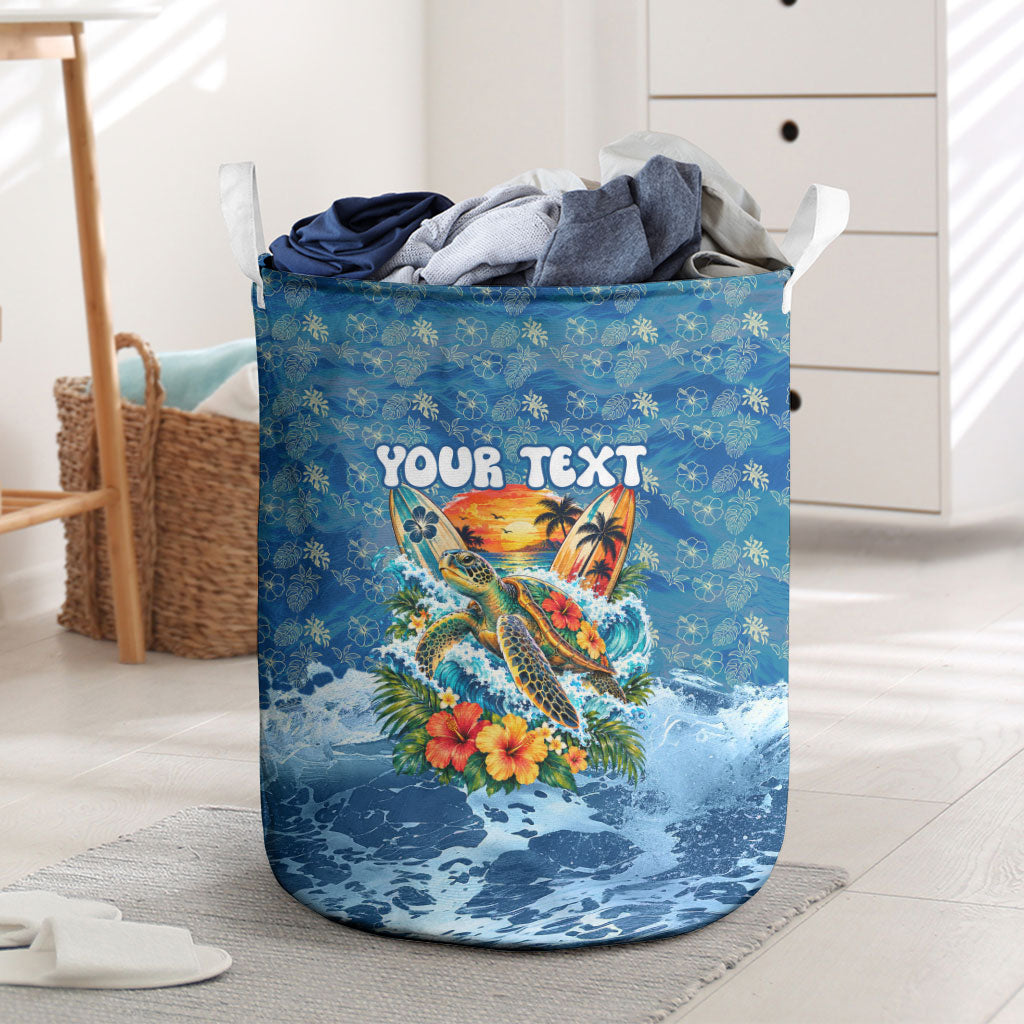 Personalized Hawaii 60th Birthday Sea Turtle Laundry Basket Tropical Ocean Wave Floral Surfboard TS04 Blue Yellow - Polynesian Pride