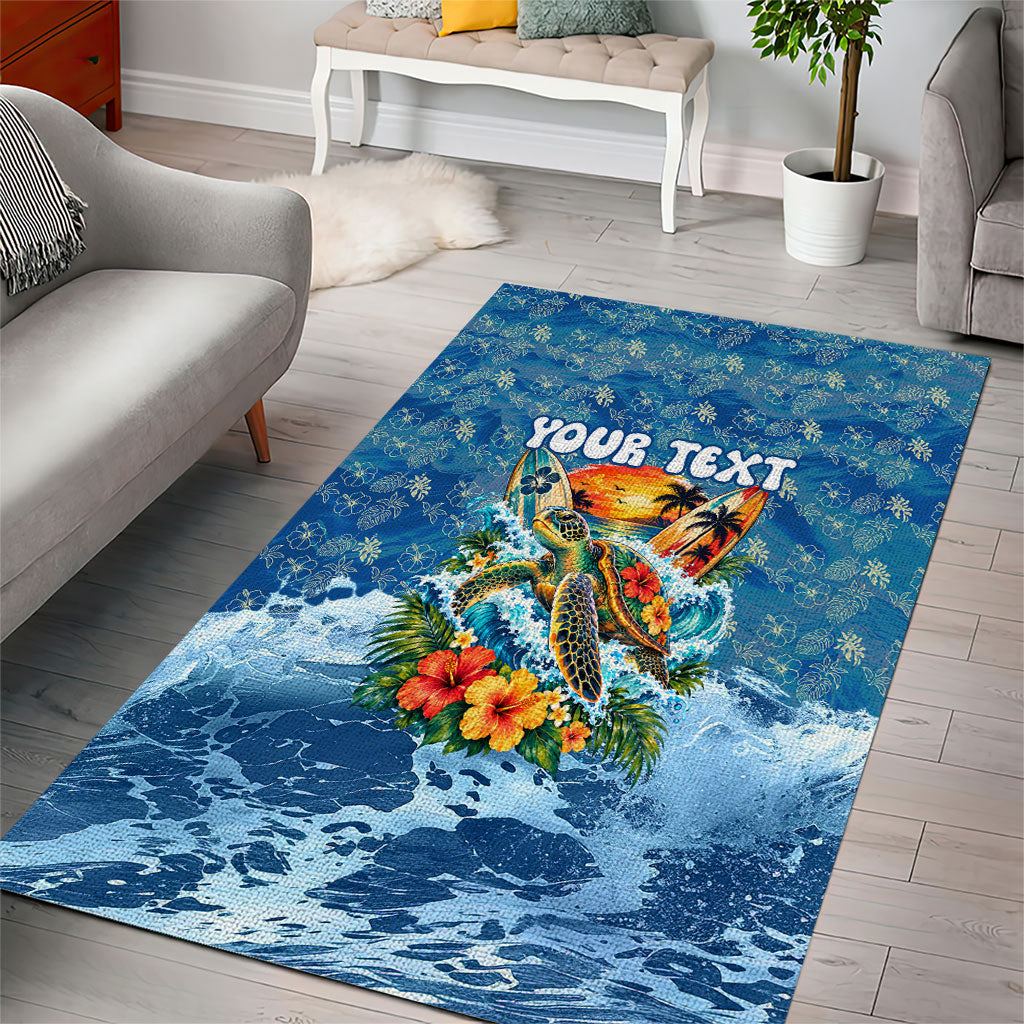 Personalized Hawaii 60th Birthday Sea Turtle Area Rug Tropical Ocean Wave Floral Surfboard