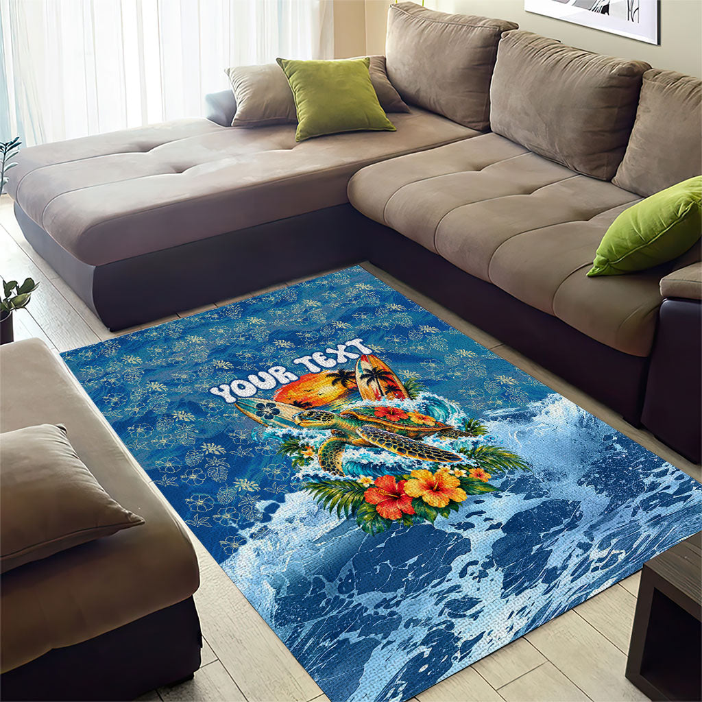 Personalized Hawaii 60th Birthday Sea Turtle Area Rug Tropical Ocean Wave Floral Surfboard