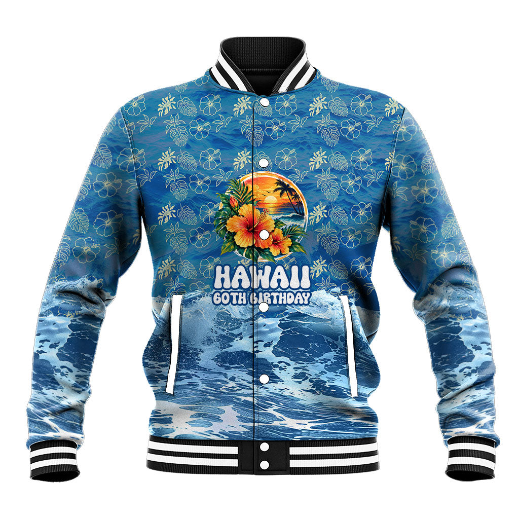 Personalized Hawaii 60th Birthday Sea Turtle Baseball Jacket Tropical Ocean Wave Floral Surfboard