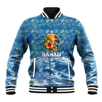 Personalized Hawaii 60th Birthday Sea Turtle Baseball Jacket Tropical Ocean Wave Floral Surfboard