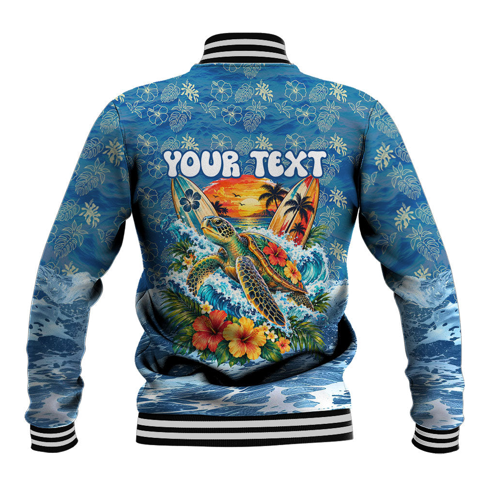 Personalized Hawaii 60th Birthday Sea Turtle Baseball Jacket Tropical Ocean Wave Floral Surfboard
