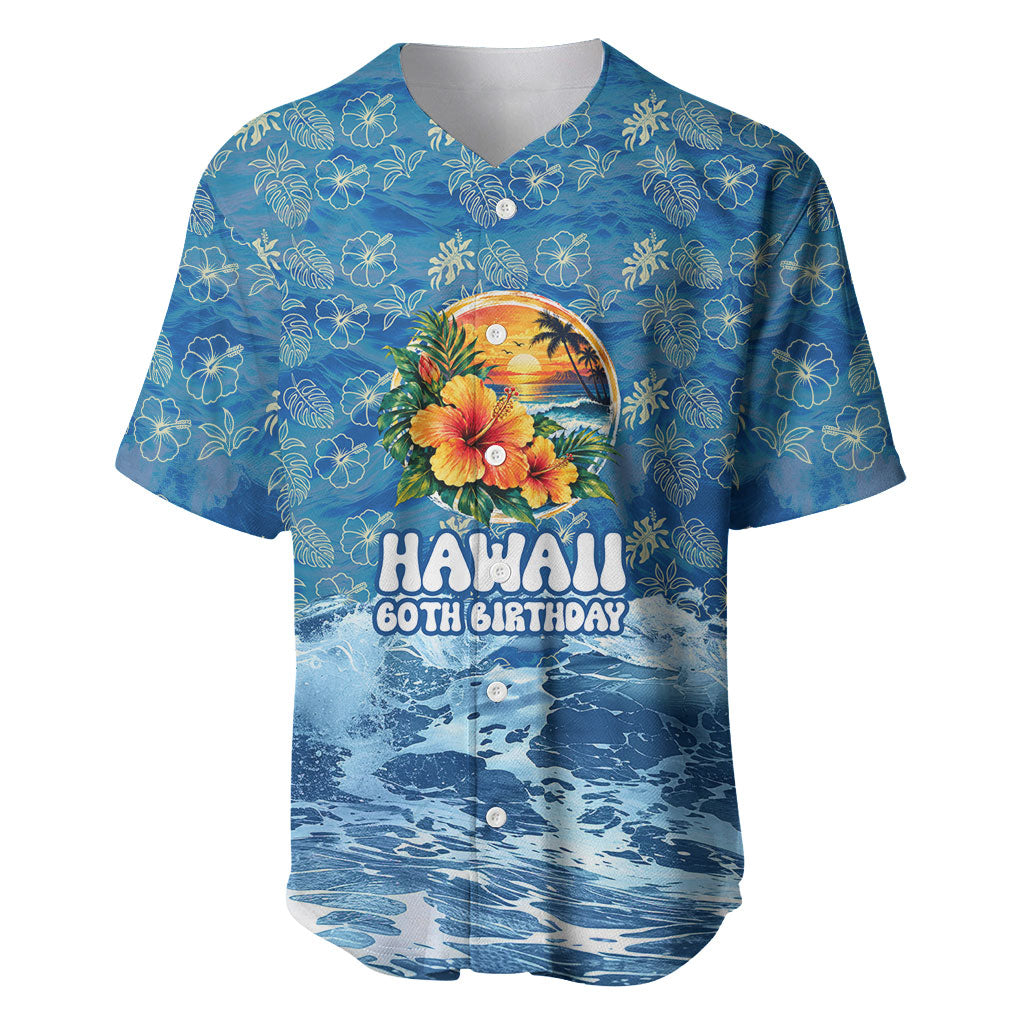 Personalized Hawaii 60th Birthday Sea Turtle Baseball Jersey Tropical Ocean Wave Floral Surfboard TS04 Blue Yellow - Polynesian Pride