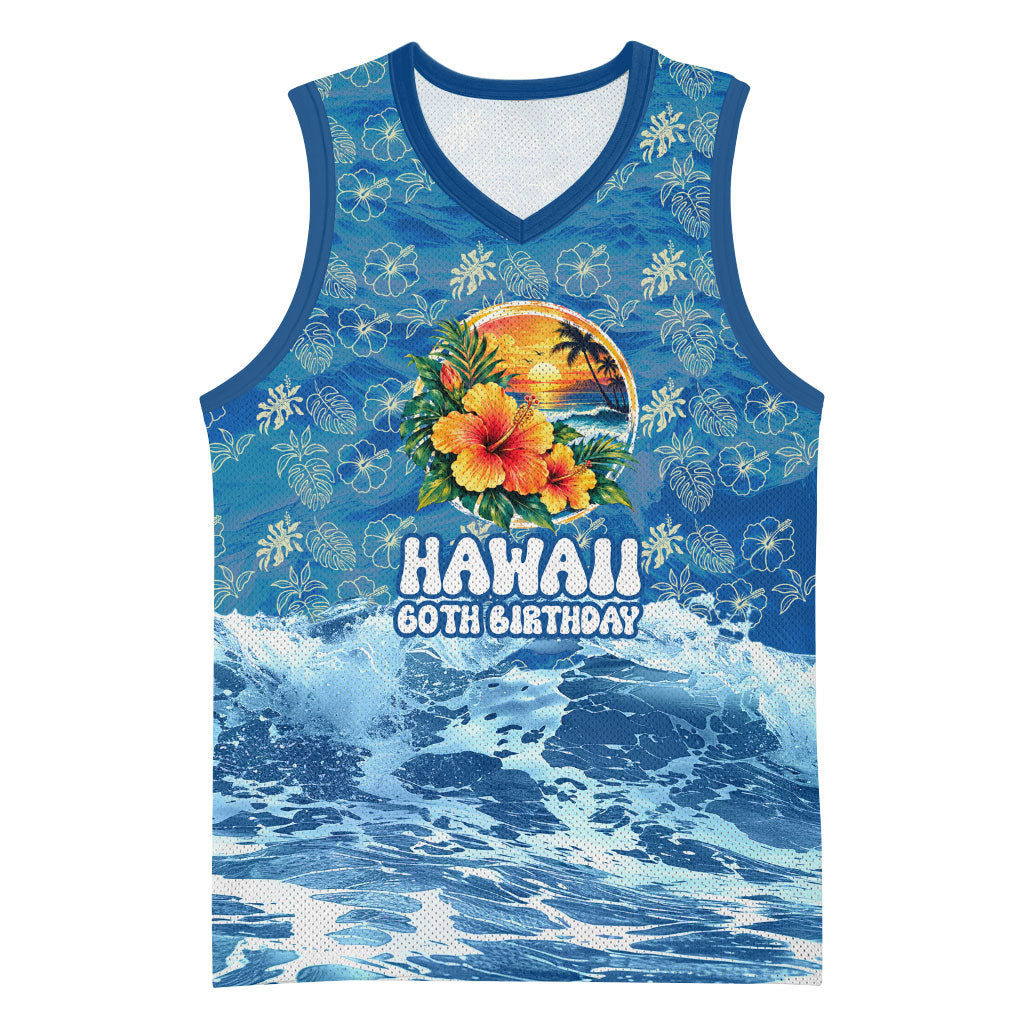 Personalized Hawaii 60th Birthday Sea Turtle Basketball Jersey Tropical Ocean Wave Floral Surfboard TS04 Unisex Blue Yellow - Polynesian Pride