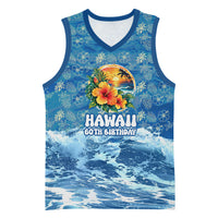 Personalized Hawaii 60th Birthday Sea Turtle Basketball Jersey Tropical Ocean Wave Floral Surfboard TS04 Unisex Blue Yellow - Polynesian Pride