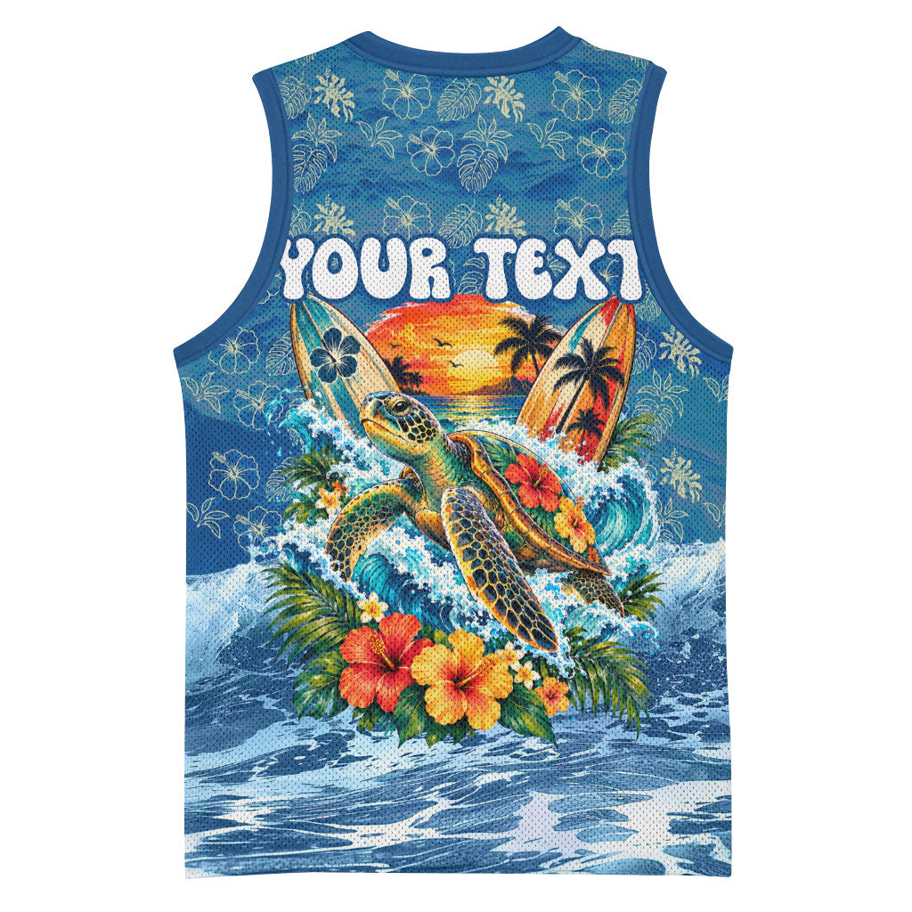 Personalized Hawaii 60th Birthday Sea Turtle Basketball Jersey Tropical Ocean Wave Floral Surfboard TS04 - Polynesian Pride