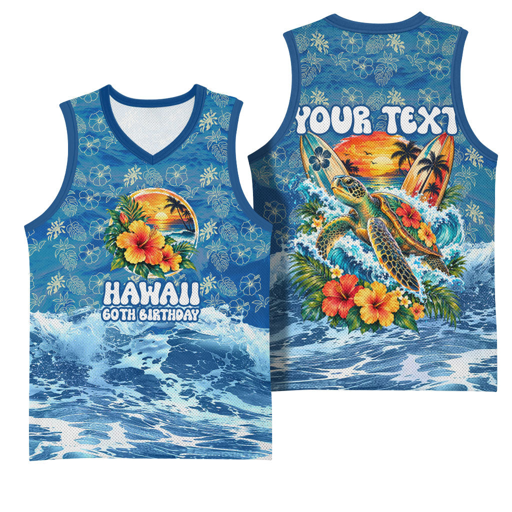 Personalized Hawaii 60th Birthday Sea Turtle Basketball Jersey Tropical Ocean Wave Floral Surfboard TS04 - Polynesian Pride