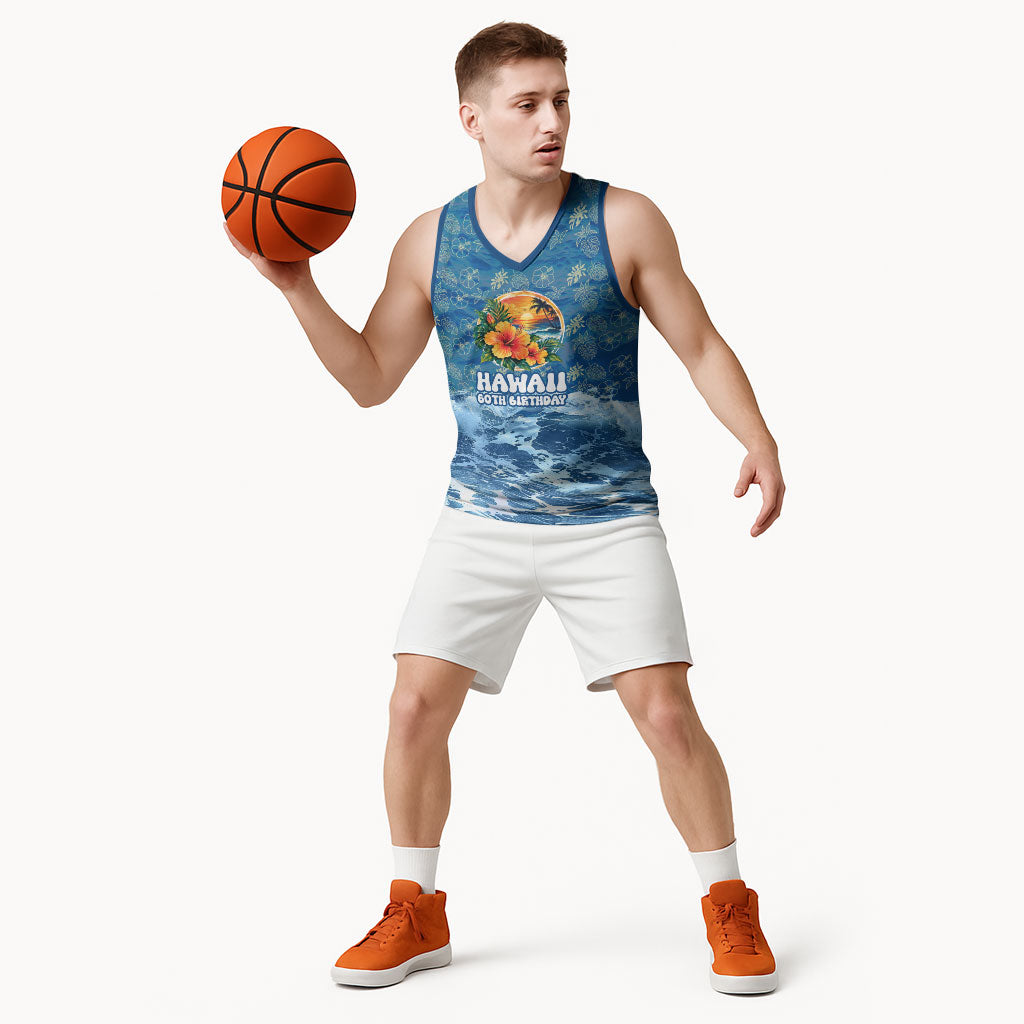 Personalized Hawaii 60th Birthday Sea Turtle Basketball Jersey Tropical Ocean Wave Floral Surfboard TS04 - Polynesian Pride