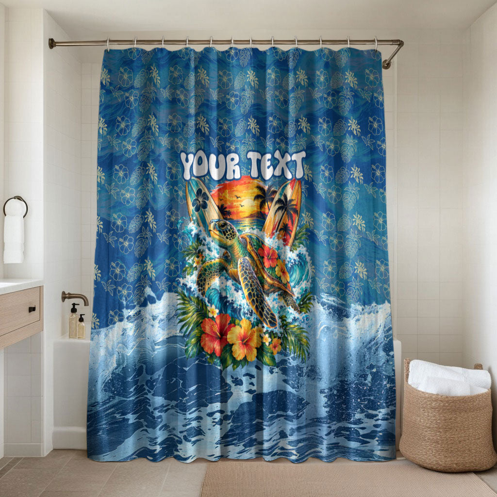 Personalized Hawaii 60th Birthday Sea Turtle Bathroom Set Tropical Ocean Wave Floral Surfboard TS04 Shower Curtain Only Blue Yellow - Polynesian Pride
