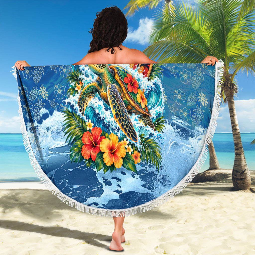Personalized Hawaii 60th Birthday Sea Turtle Beach Blanket Tropical Ocean Wave Floral Surfboard TS04 - Polynesian Pride