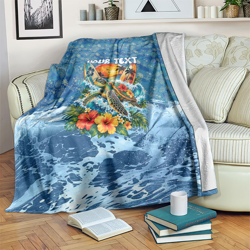 Personalized Hawaii 60th Birthday Sea Turtle Blanket Tropical Ocean Wave Floral Surfboard