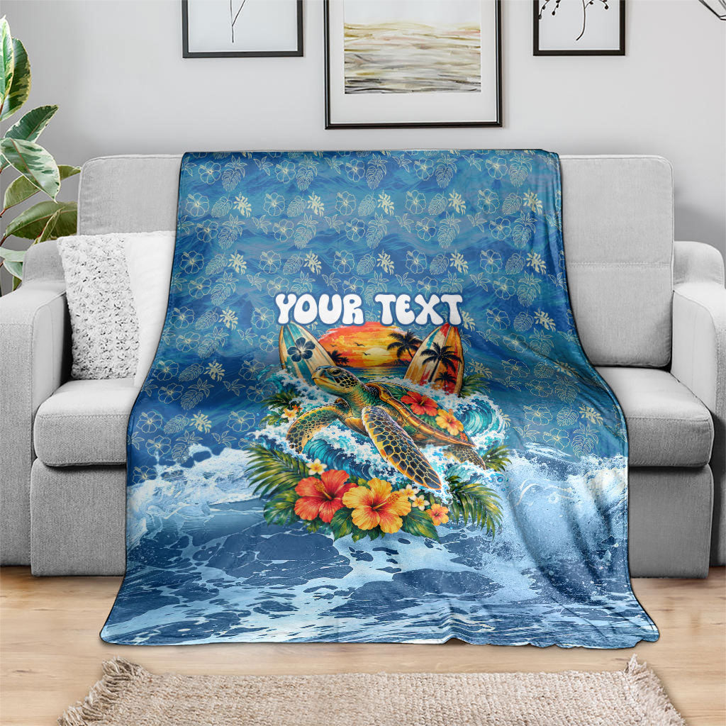 Personalized Hawaii 60th Birthday Sea Turtle Blanket Tropical Ocean Wave Floral Surfboard
