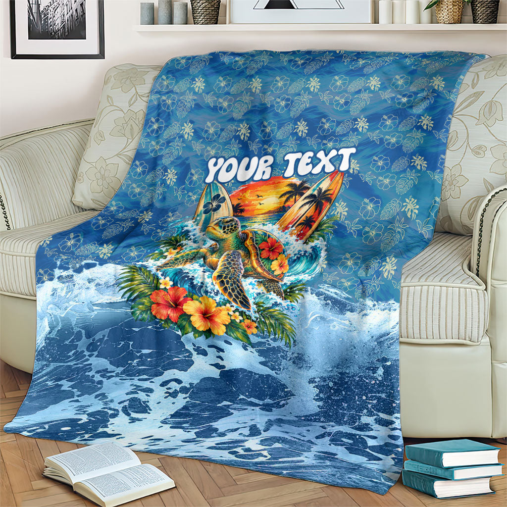 Personalized Hawaii 60th Birthday Sea Turtle Blanket Tropical Ocean Wave Floral Surfboard