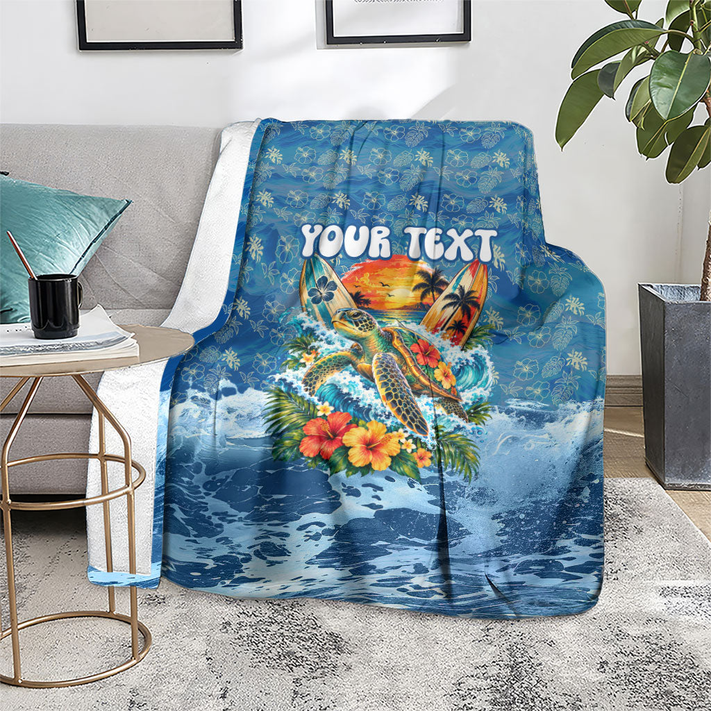 Personalized Hawaii 60th Birthday Sea Turtle Blanket Tropical Ocean Wave Floral Surfboard