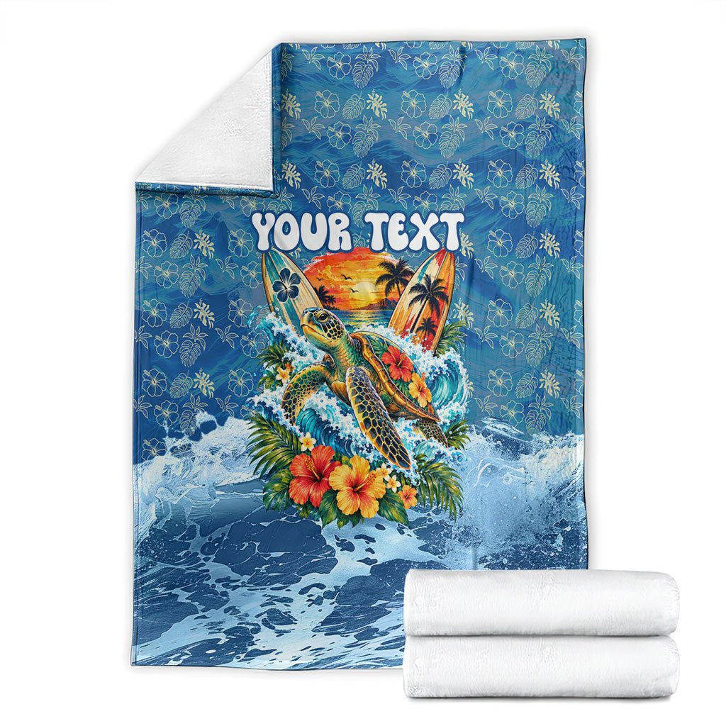 Personalized Hawaii 60th Birthday Sea Turtle Blanket Tropical Ocean Wave Floral Surfboard
