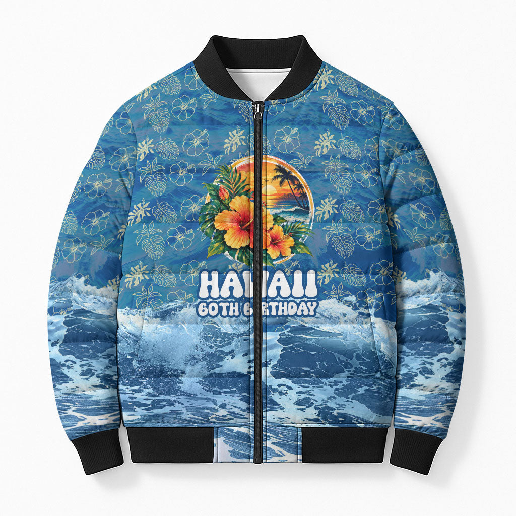 Personalized Hawaii 60th Birthday Sea Turtle Bomber Puffer Jacket Tropical Ocean Wave Floral Surfboard TS04 Unisex Blue Yellow - Polynesian Pride