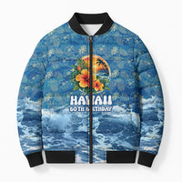 Personalized Hawaii 60th Birthday Sea Turtle Bomber Puffer Jacket Tropical Ocean Wave Floral Surfboard TS04 Unisex Blue Yellow - Polynesian Pride