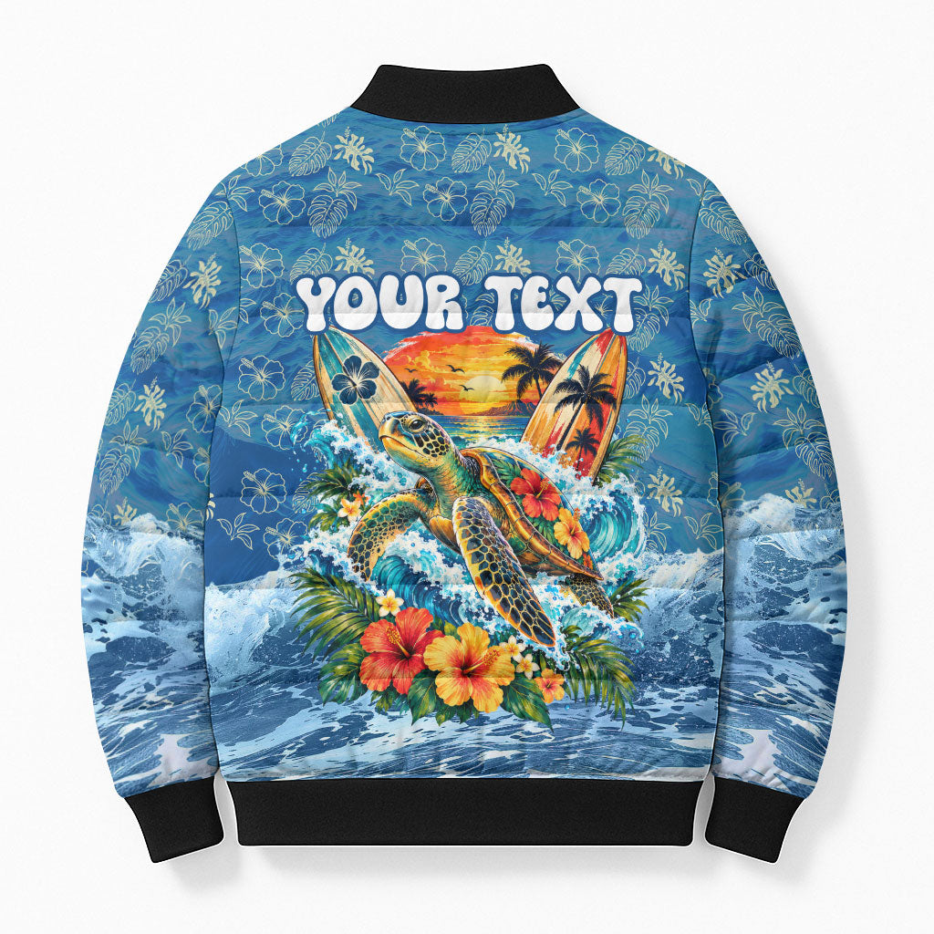Personalized Hawaii 60th Birthday Sea Turtle Bomber Puffer Jacket Tropical Ocean Wave Floral Surfboard TS04 - Polynesian Pride