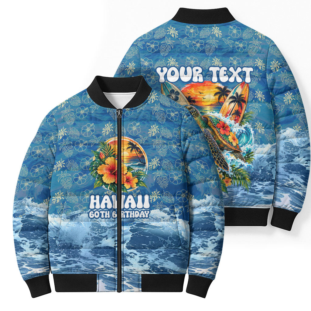 Personalized Hawaii 60th Birthday Sea Turtle Bomber Puffer Jacket Tropical Ocean Wave Floral Surfboard TS04 - Polynesian Pride
