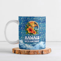 Personalized Hawaii 60th Birthday Sea Turtle Ceramic Mug Tropical Ocean Wave Floral Surfboard TS04 Blue Yellow - Polynesian Pride