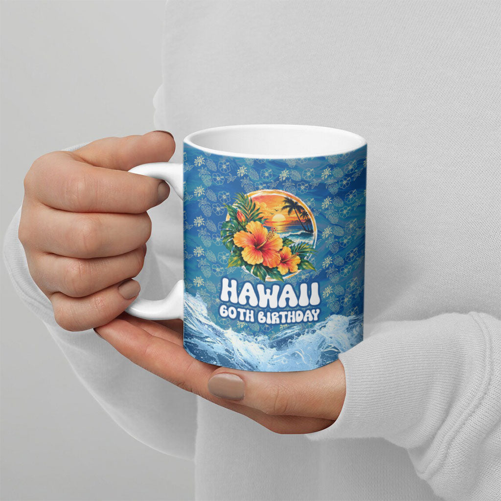Personalized Hawaii 60th Birthday Sea Turtle Ceramic Mug Tropical Ocean Wave Floral Surfboard TS04 - Polynesian Pride