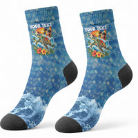 Personalized Hawaii 60th Birthday Sea Turtle Crew Socks Tropical Ocean Wave Floral Surfboard TS04 - Polynesian Pride