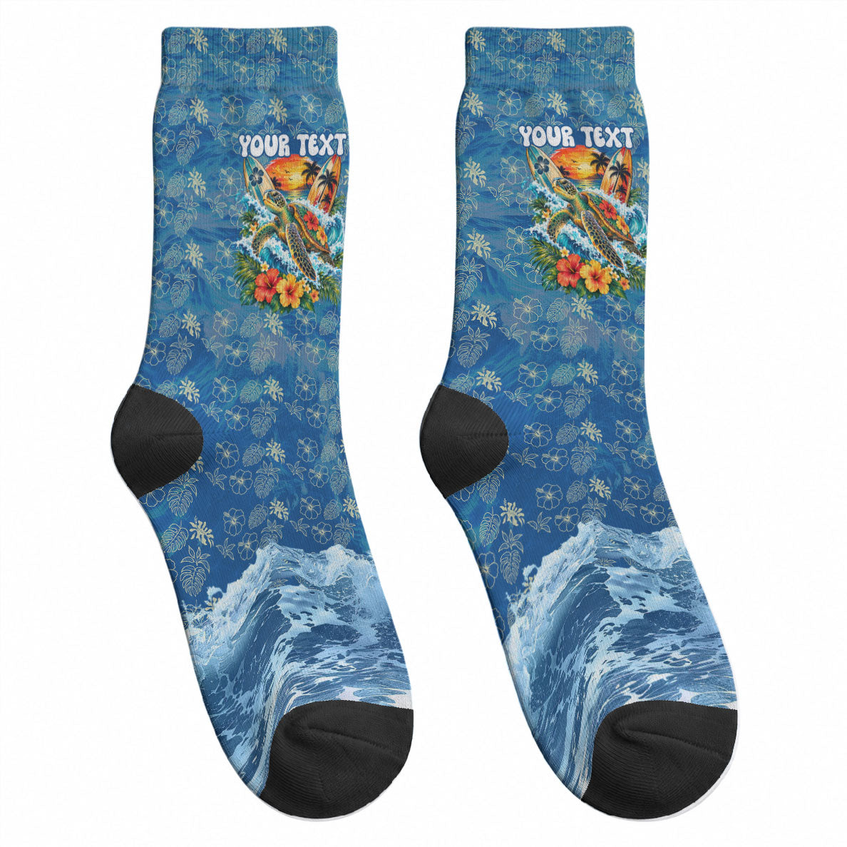 Personalized Hawaii 60th Birthday Sea Turtle Crew Socks Tropical Ocean Wave Floral Surfboard TS04 - Polynesian Pride