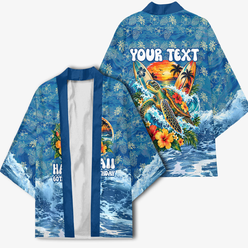 Personalized Hawaii 60th Birthday Sea Turtle Kimono Tropical Ocean Wave Floral Surfboard TS04 - Polynesian Pride