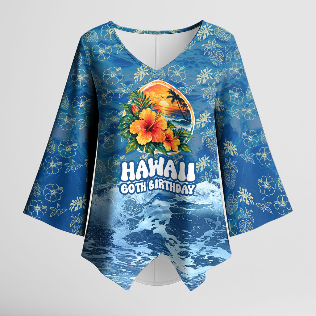 Personalized Hawaii 60th Birthday Sea Turtle Kimono Sleeve Blouse Tropical Ocean Wave Floral Surfboard TS04 Female Blue Yellow - Polynesian Pride