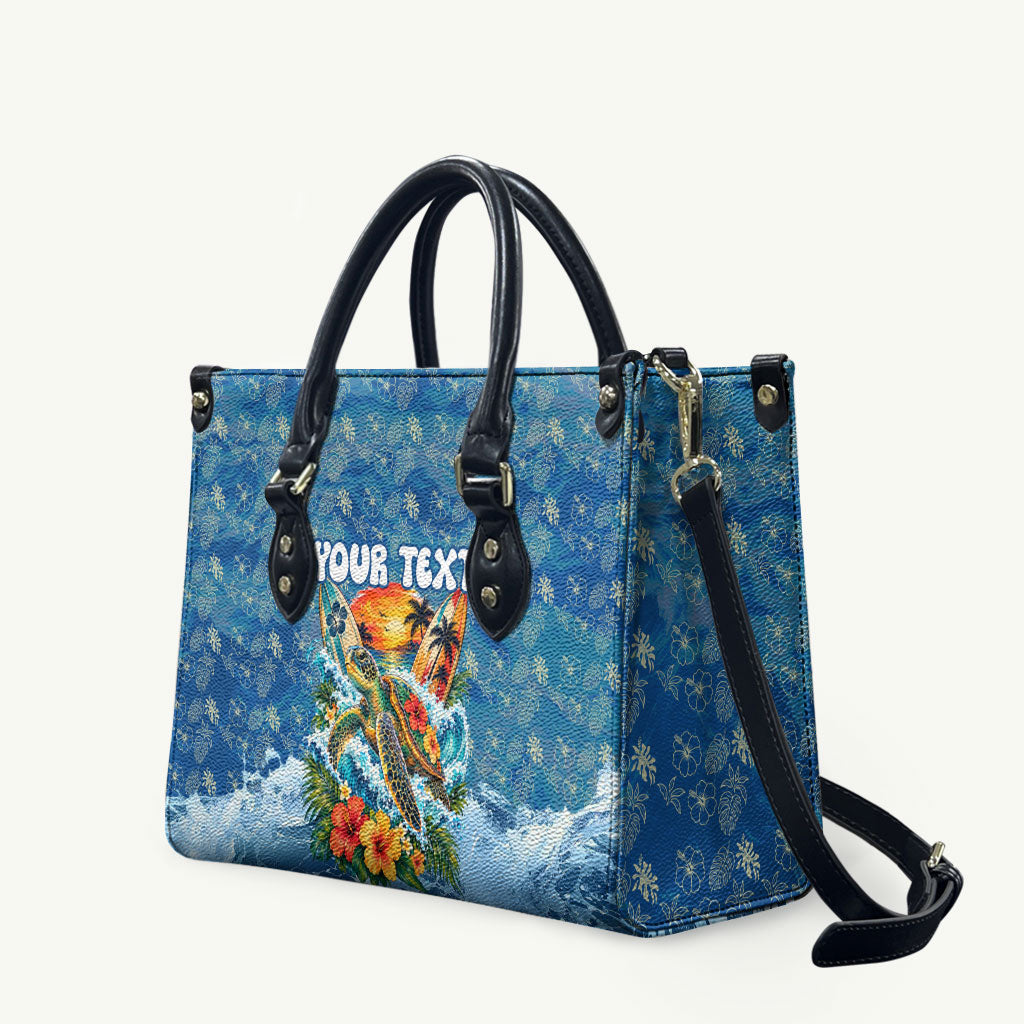 Personalized Hawaii 60th Birthday Sea Turtle Leather Bag Tropical Ocean Wave Floral Surfboard TS04 Blue Yellow - Polynesian Pride