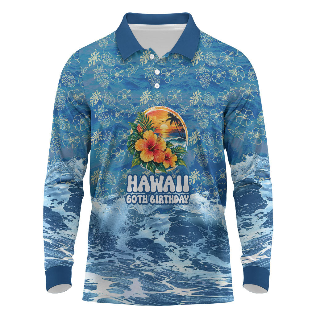 Personalized Hawaii 60th Birthday Sea Turtle Long Sleeve Polo Shirt Tropical Ocean Wave Floral Surfboard TS04 Blue Yellow - Polynesian Pride