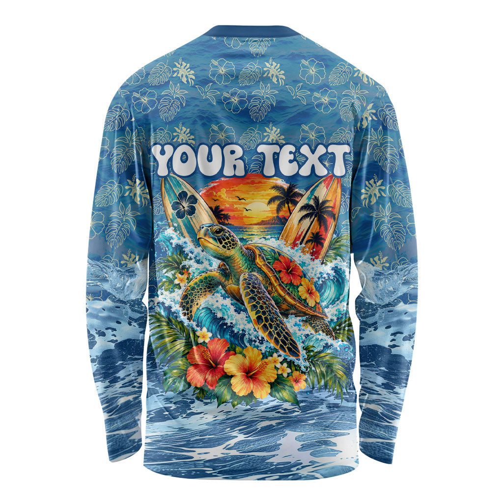 Personalized Hawaii 60th Birthday Sea Turtle Long Sleeve Shirt Tropical Ocean Wave Floral Surfboard TS04 - Polynesian Pride