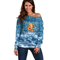 Personalized Hawaii 60th Birthday Sea Turtle Off Shoulder Sweater Tropical Ocean Wave Floral Surfboard TS04 Women Blue Yellow - Polynesian Pride