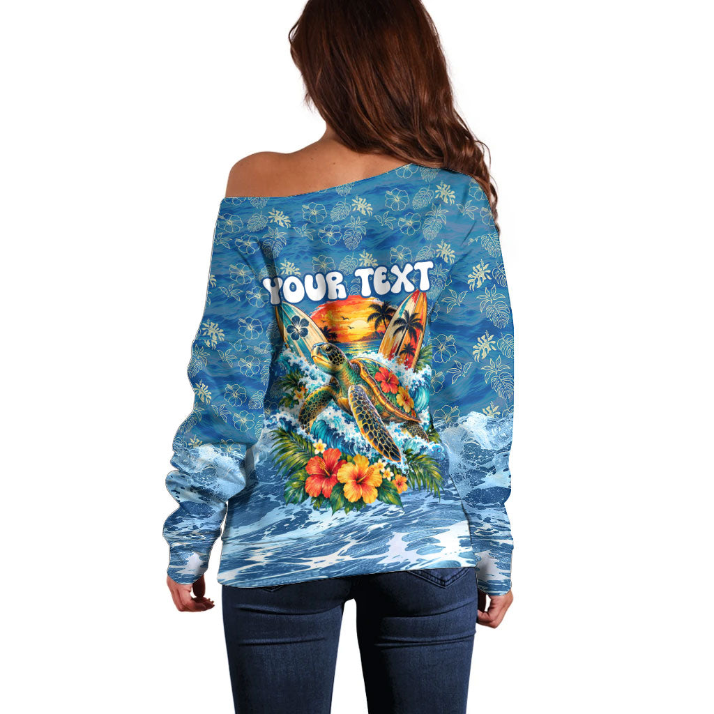 Personalized Hawaii 60th Birthday Sea Turtle Off Shoulder Sweater Tropical Ocean Wave Floral Surfboard TS04 - Polynesian Pride