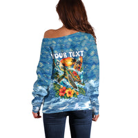 Personalized Hawaii 60th Birthday Sea Turtle Off Shoulder Sweater Tropical Ocean Wave Floral Surfboard TS04 - Polynesian Pride