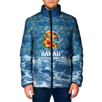 Personalized Hawaii 60th Birthday Sea Turtle Padded Jacket Tropical Ocean Wave Floral Surfboard TS04 Men Blue Yellow - Polynesian Pride