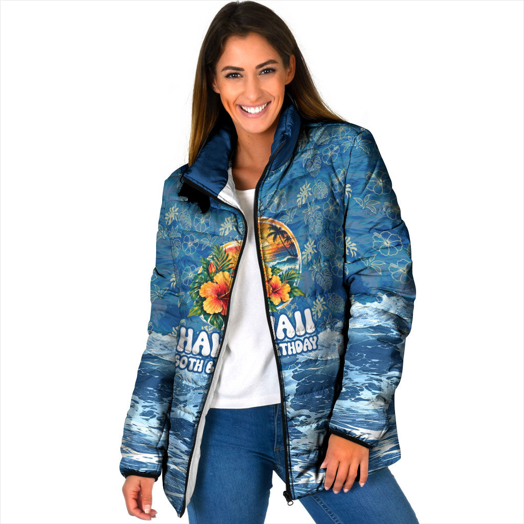 Personalized Hawaii 60th Birthday Sea Turtle Padded Jacket Tropical Ocean Wave Floral Surfboard TS04 Women Blue Yellow - Polynesian Pride