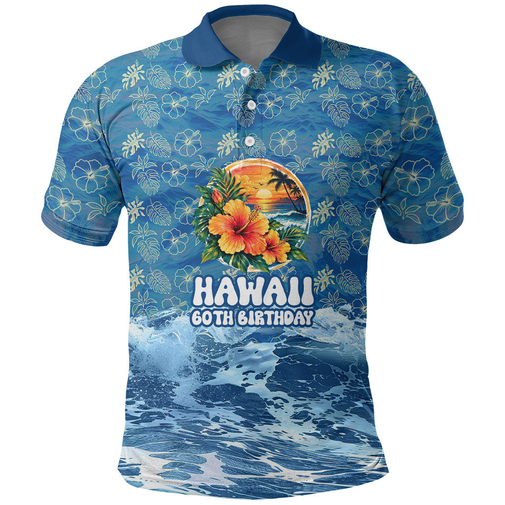 Personalized Hawaii 60th Birthday Sea Turtle Polo Shirt Tropical Ocean Wave Floral Surfboard TS04 Blue Yellow - Polynesian Pride