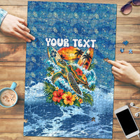 Personalized Hawaii 60th Birthday Sea Turtle Puzzle Tropical Ocean Wave Floral Surfboard TS04 Blue Yellow - Polynesian Pride