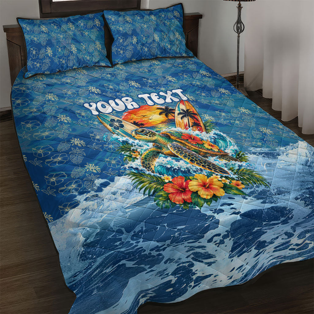 Personalized Hawaii 60th Birthday Sea Turtle Quilt Bed Set Tropical Ocean Wave Floral Surfboard