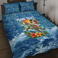 Personalized Hawaii 60th Birthday Sea Turtle Quilt Bed Set Tropical Ocean Wave Floral Surfboard