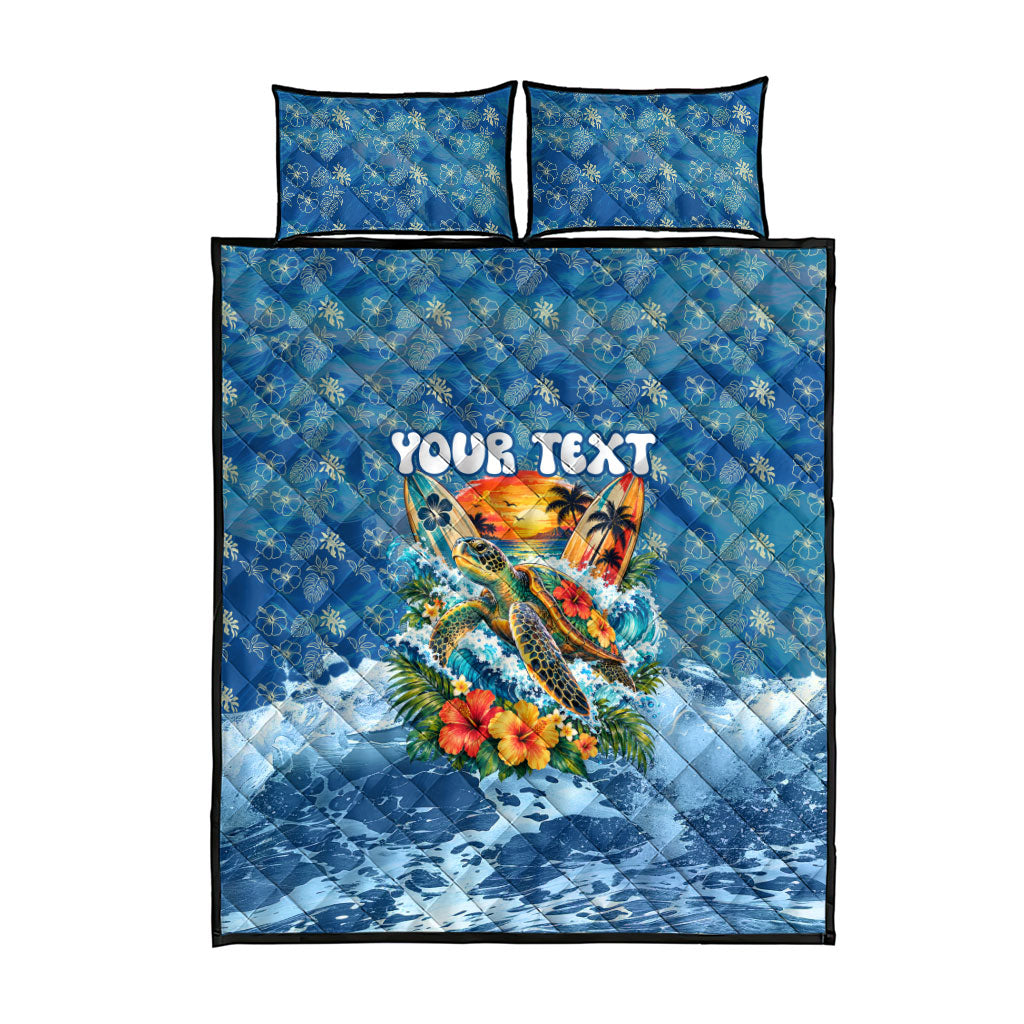 Personalized Hawaii 60th Birthday Sea Turtle Quilt Bed Set Tropical Ocean Wave Floral Surfboard