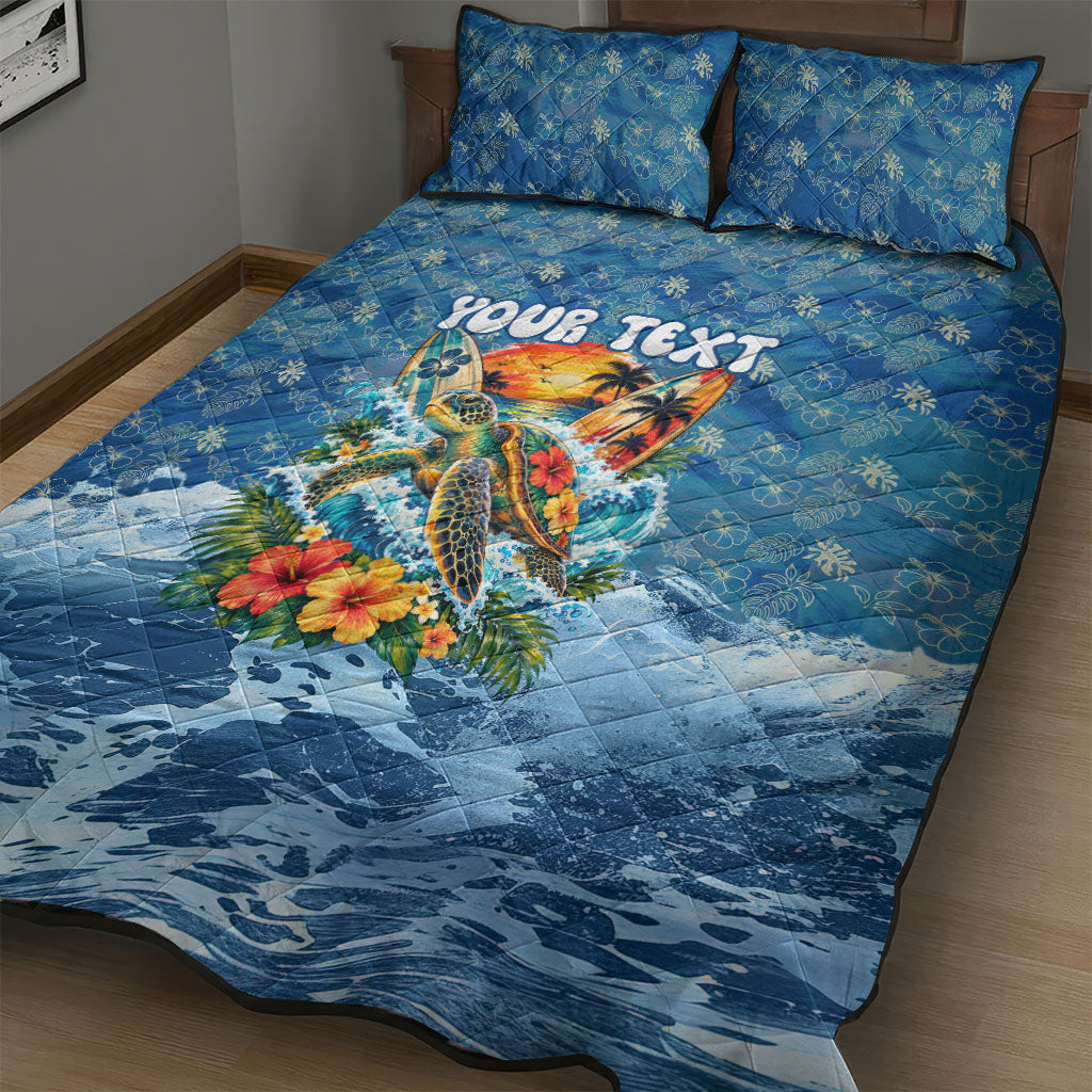 Personalized Hawaii 60th Birthday Sea Turtle Quilt Bed Set Tropical Ocean Wave Floral Surfboard